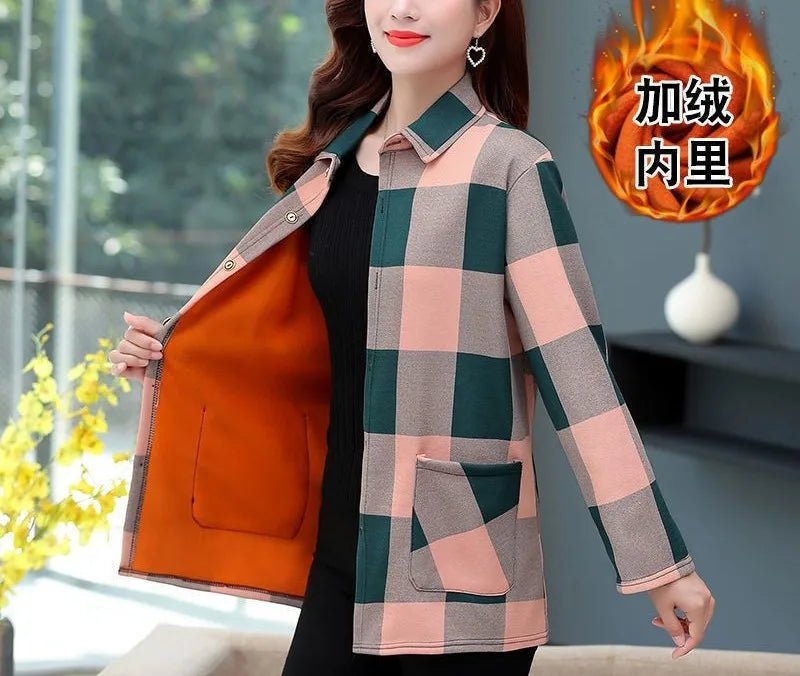 Women's Autumn Winter Long Sleeve Plaid Plus Velvet Shirt Fashion Thick Versatile Elegant Tops Patchwork Pockets Female Clothes
