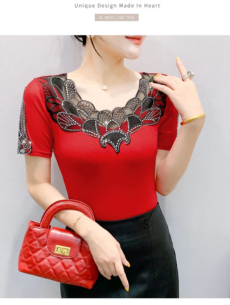 Fashion O-Collar Rhinestone Lace Patchwork Female Top Chic High Elasticity Soft Mesh Short Sleeve Temperament Women's T-Shirt