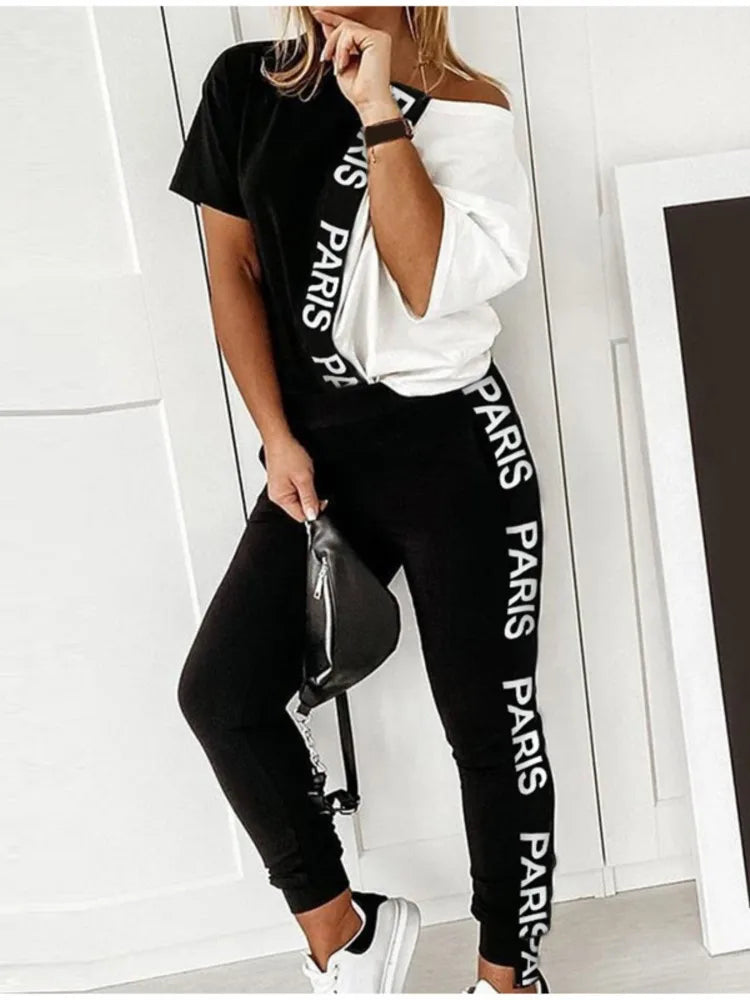 2023 Women's Spring Summer Sportswear Two-piece Set With Patchwork Letters Short Sleeved Long Pants Casual Women's Two-piece Set