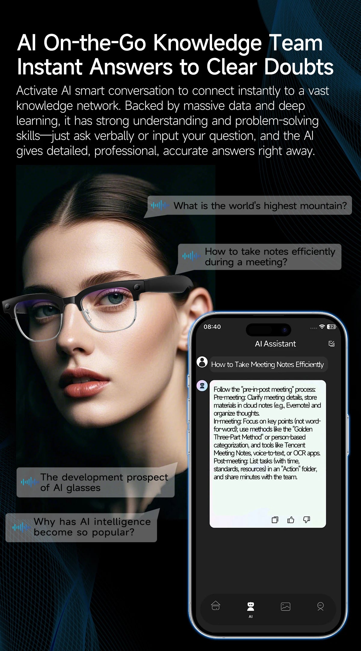 LIGE AI Smart Glasses 800W HD Anti-shake Camera Action Capture Goggles 3D Surroud Sound AI Chat Call Cycling Sports Sunglasses