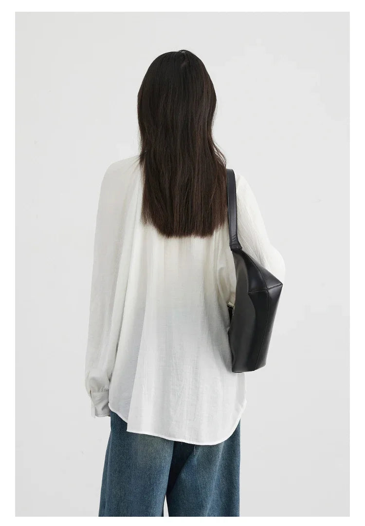 CHIC VEN Women Shirts Korean Loose Soild V-neck Long Sleeved Blouses Fashion Design Soft Lace Up Ladies Tops Summer New 2024
