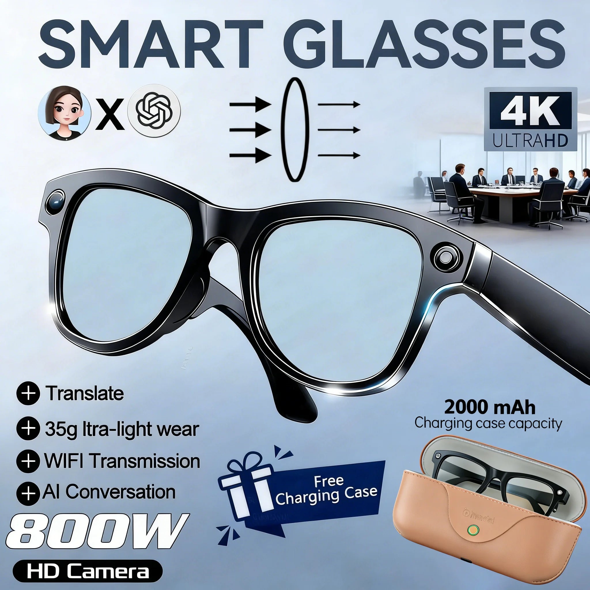 2026AI smart glasses HD 800W anti-shake camera AI dialogue real-time translation IP67waterproof Bluetooth audio smart sunglasses