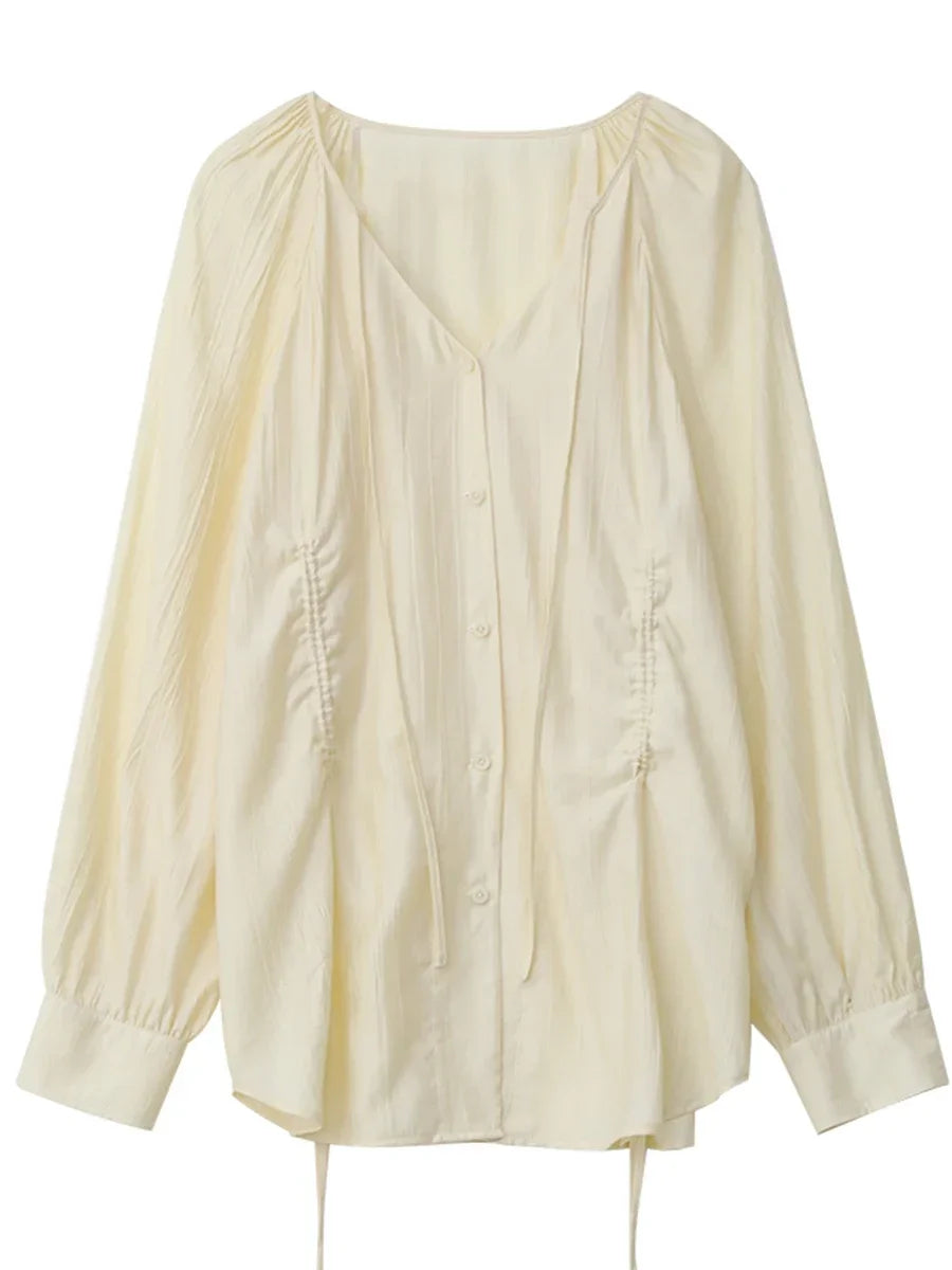 CHIC VEN Women Shirts Korean Loose Soild V-neck Long Sleeved Blouses Fashion Design Soft Lace Up Ladies Tops Summer New 2024