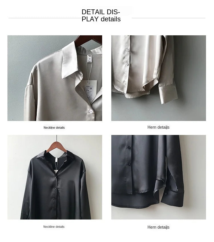 Women’s Turn-Down Collar Satin Blouse Top