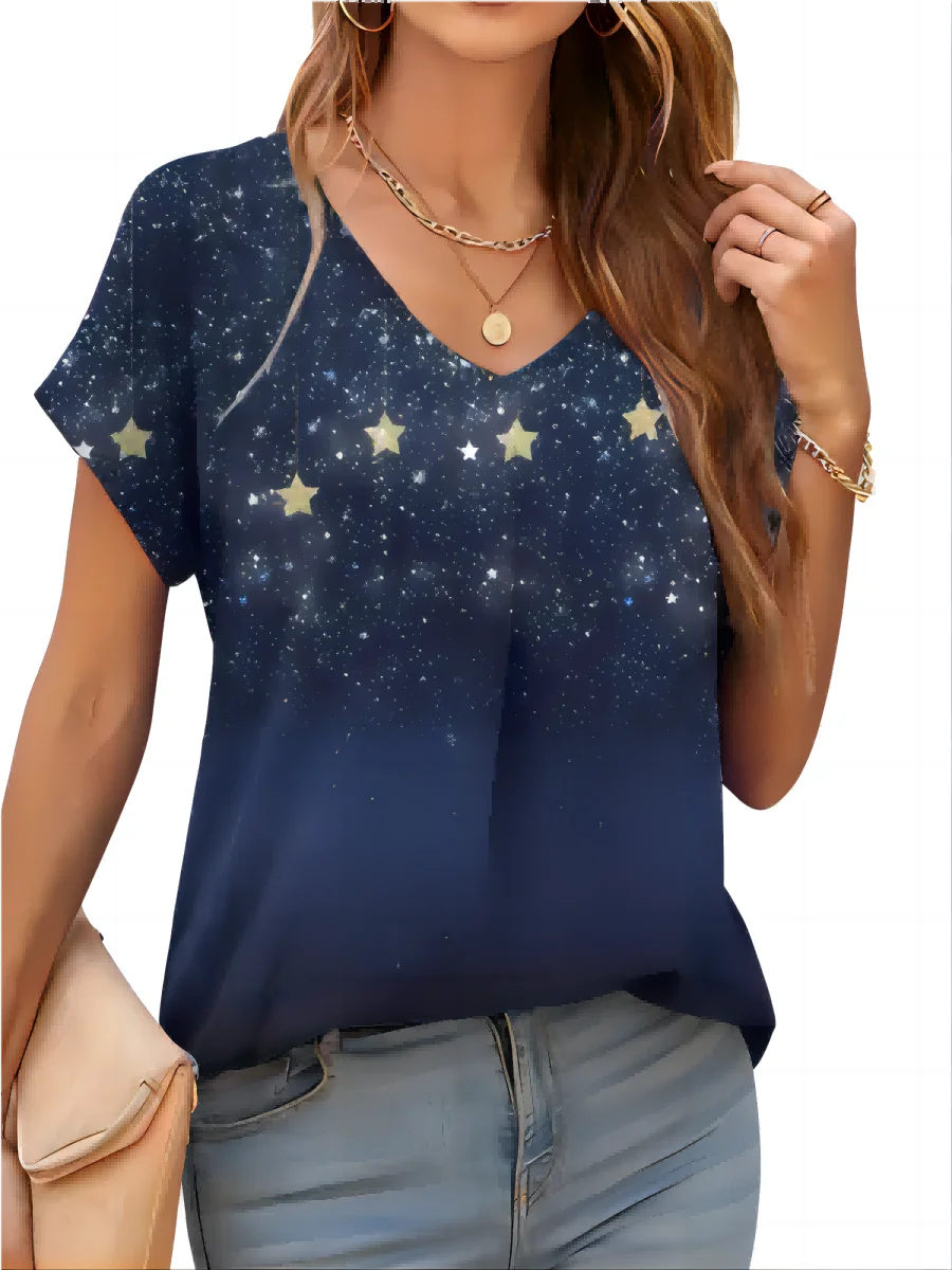 2026 New Summer Women T-shirt 3d Fashion Print Gradient Harajuku T Shirt Oversized Tee For Ladies Clothing New Short Sleeve V-Ne