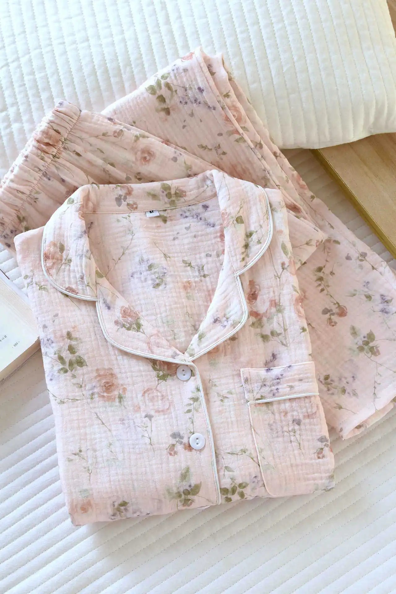2026 New Women's Spring and Autumn Pajama Set 100% Cotton Crape Cloth Flower Collar Long Sleeve Two Piece Set Large Home Clothes