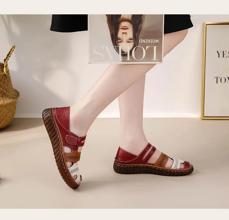 Newest gladiator summer sandals women's big size 43 woman real leather sandals ladies patchwork strap Non-slip flats