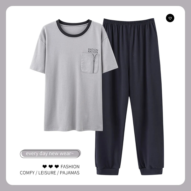 L-5XL Summer Elegant Men Pyjamas Knited Cotton Pajamas Set Long Pant Sleepwear Pyjamas Night Suits Pijamas Plus Size Homewear PJ
