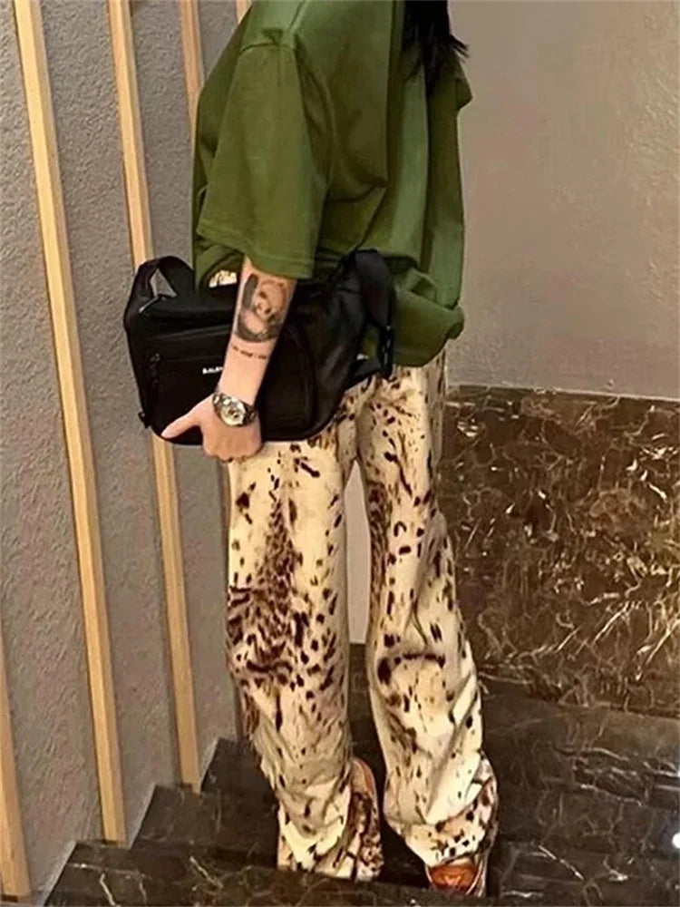 Leopard Print Straight Wide Leg Jeans Women High Waisted Retro Jeans Streetwear Y2k Vintage Pants High Street Denim Trousers