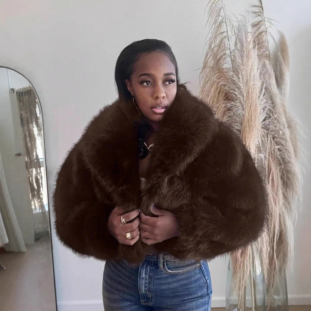 Faux Fox Fur Coats Women Short Jackets Solid Turn Down Collar Long Sleeve Open Stitch Loose Thick Office Lady Casual 2025 Winter
