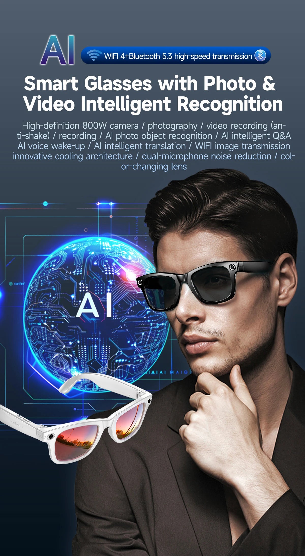 AI Smart Glasses with Camera 4K HD Video and PhotoCapture Real-TimeTranslation Voice Recording Open-Ear Audio Object Recognition