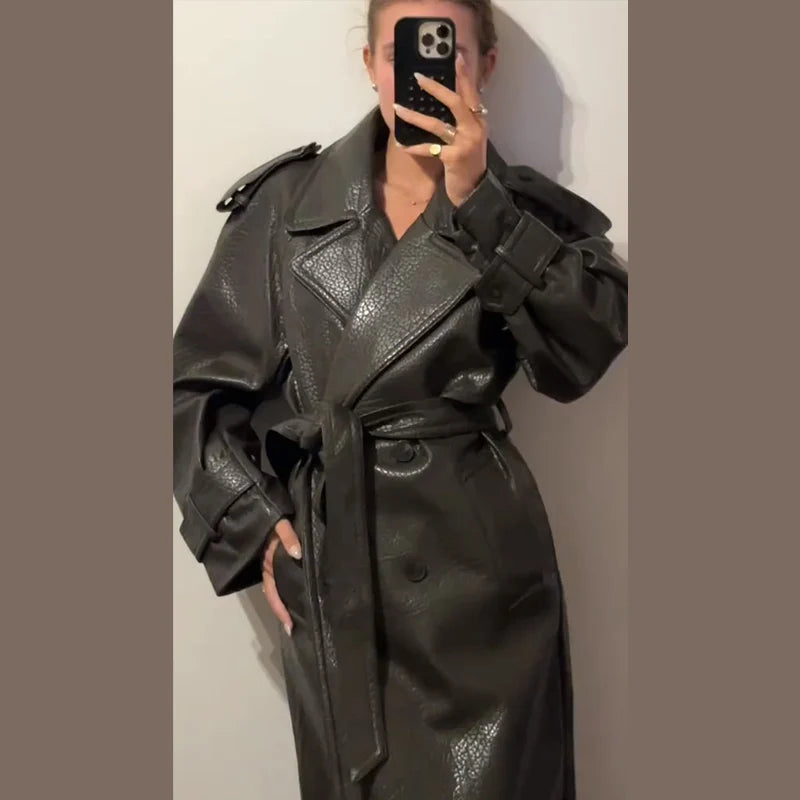 Street Pu Leather Women Long Coat Fashion Long Sleeve Button Belt Lapel Pocket Female Outwear 2025 Autumn Winter Lady Jacket New