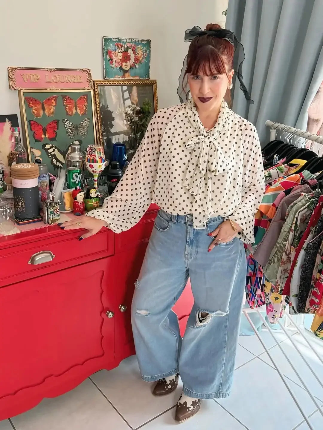 Polka Dot Lace Up Bow Shirt Women Casual Long Lantern Retro Sleeve Pleated Loose Blouse Lady 2026 Spring Commute Office Outwears