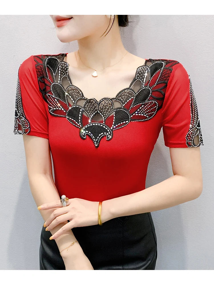 Fashion O-Collar Rhinestone Lace Patchwork Female Top Chic High Elasticity Soft Mesh Short Sleeve Temperament Women's T-Shirt