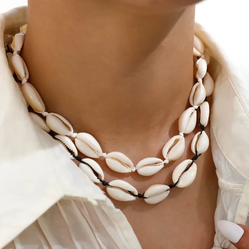 2pcs Handmade Shell Pendants Necklace Women Summer Beach Bohemian Shell Choker Necklace Collar Decor Fashion Jewelry Accessories