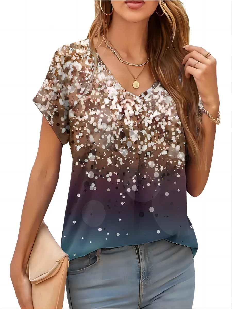 2026 New Summer Women T-shirt 3d Fashion Print Gradient Harajuku T Shirt Oversized Tee For Ladies Clothing New Short Sleeve V-Ne