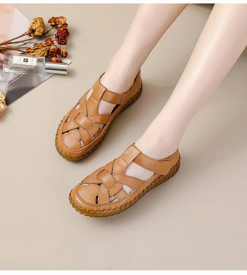 Newest gladiator summer sandals women's big size 43 woman real leather sandals ladies patchwork strap Non-slip flats