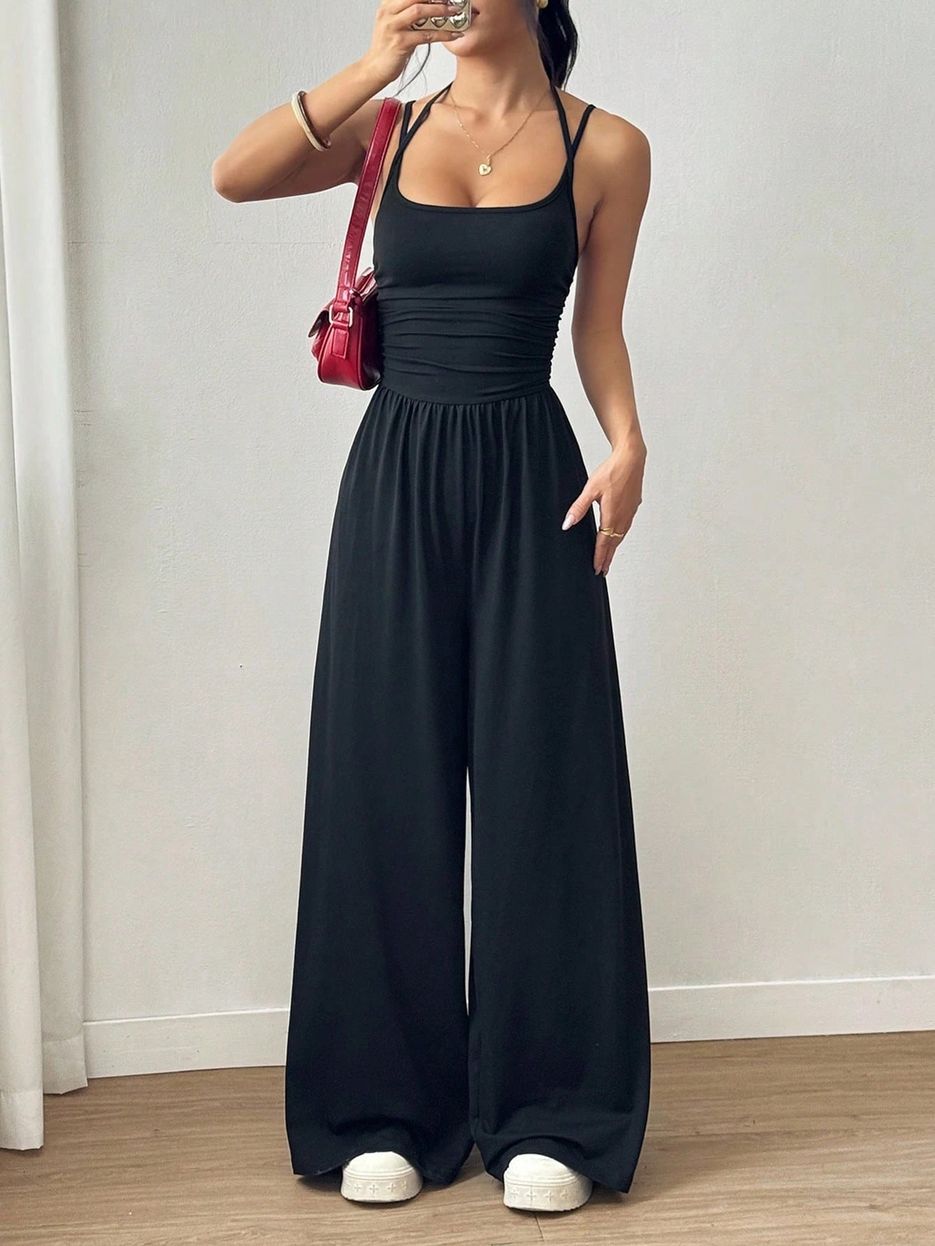 Women's Casual Pleated Loose Straight Leg Jumpsuit, Spring/Summer