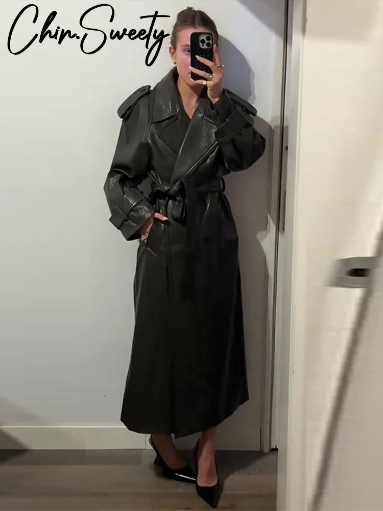Street Pu Leather Women Long Coat Fashion Long Sleeve Button Belt Lapel Pocket Female Outwear 2025 Autumn Winter Lady Jacket New