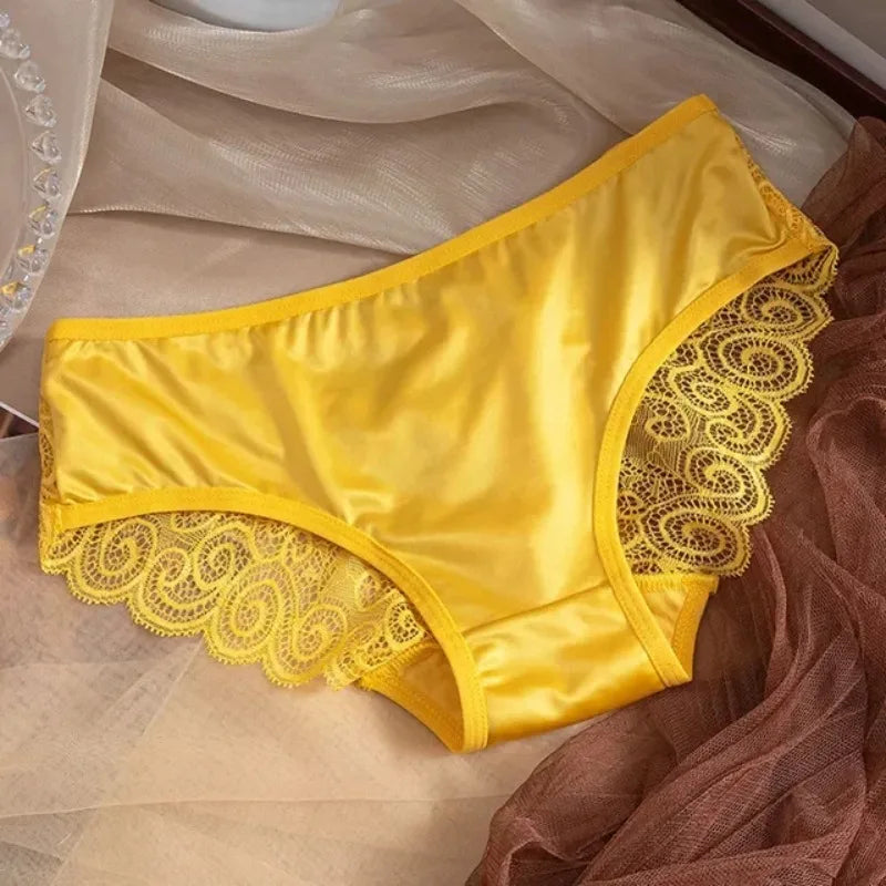 Women's Panties Silk Satin Underwear Lace Sexy Lingerie Breathable Mid Waist Female Briefs Comfortable Panty Underpants