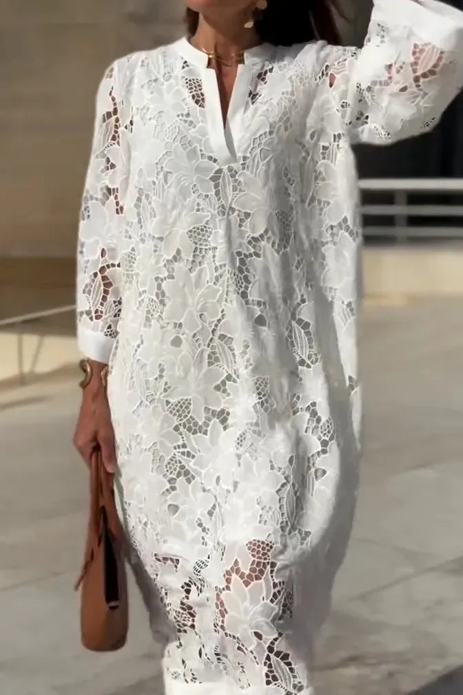 Women's Elegant Fashion Lace Dress White 2025 Spring Summer New Loose V-neck Seven-Point Sleeve Hollowed out Dresses Office Lady