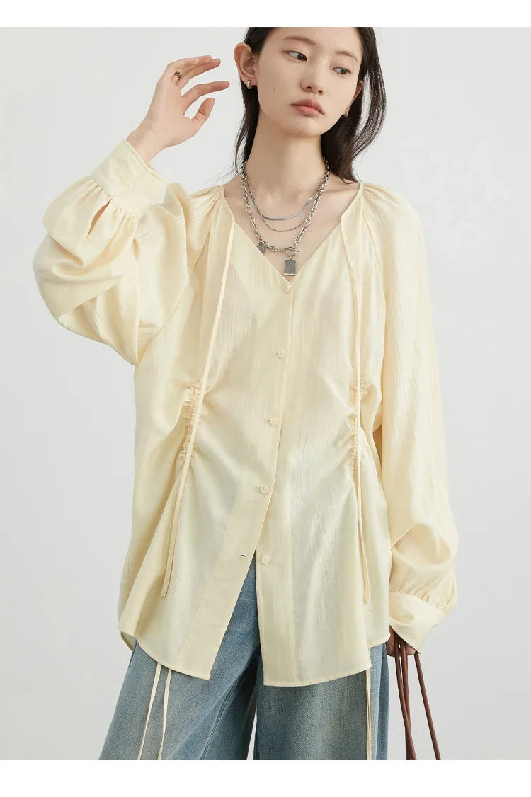 CHIC VEN Women Shirts Korean Loose Soild V-neck Long Sleeved Blouses Fashion Design Soft Lace Up Ladies Tops Summer New 2024