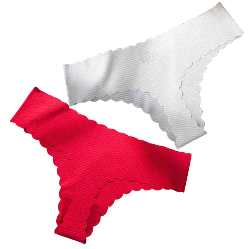2PCS Seamless Thin-stripe Panties Ladies Low Rise T-back G-string Nude Half-covered Hip Lingerie Solid Cotton Ruffles Sexy Thong