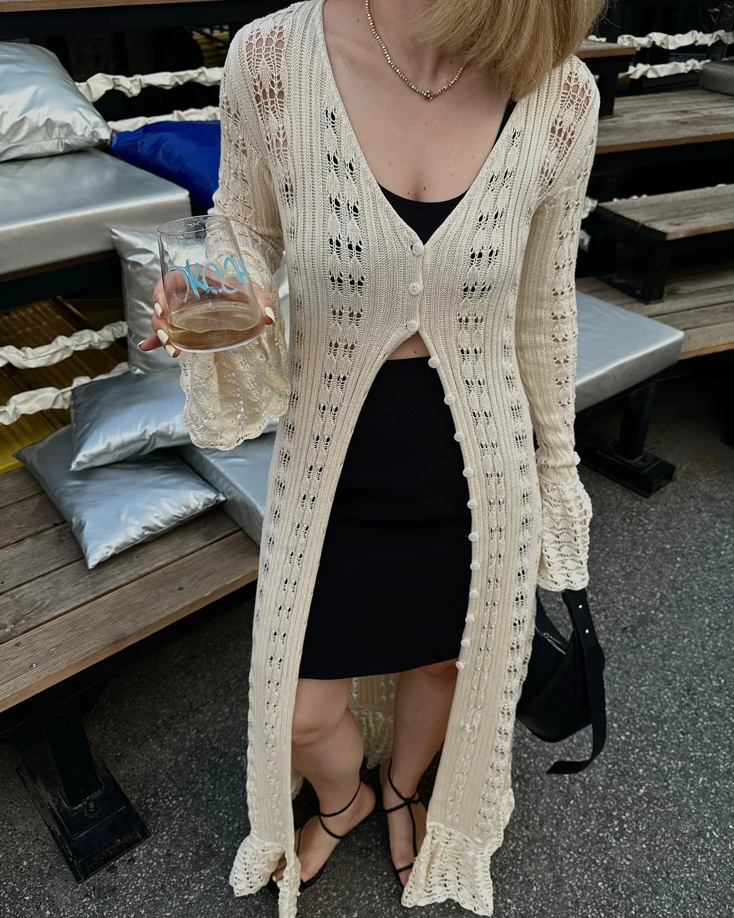 Combhasaki Women Y2K Chic Flare Long Sleeve Aesthetic Button-down V-Neck Ruffle Hem Hollow Out Knitted Long Dress Boho Beachwear