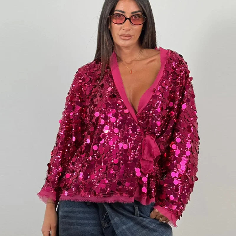 Fashion Sequins Short Jackets Women Gliter Lapel Long Sleeve Zipper Street Jacket Female 2026 Spring Lady Streetwear New
