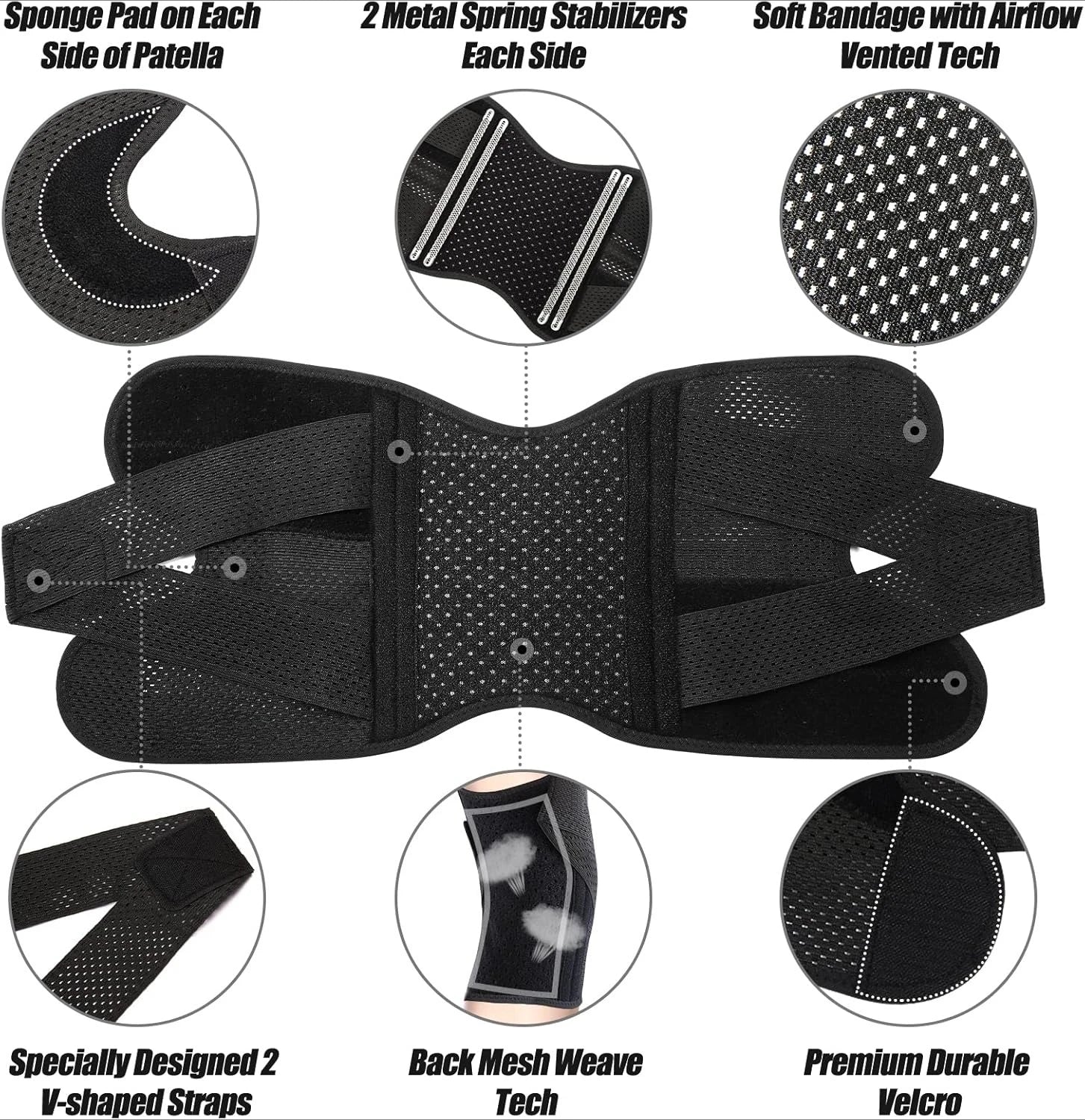 Knee Brace for Knee Pain - Compression Support with Air Mesh Fabric & Adjustable Side Stabilizers