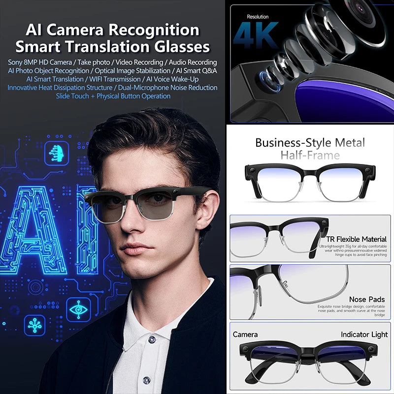 2026 New AI Smart Glasses 8MP HD Camera AI Object Recognition AI Translation 4K ULTRA HD IP66 Waterproof BT Call Smart Glasses