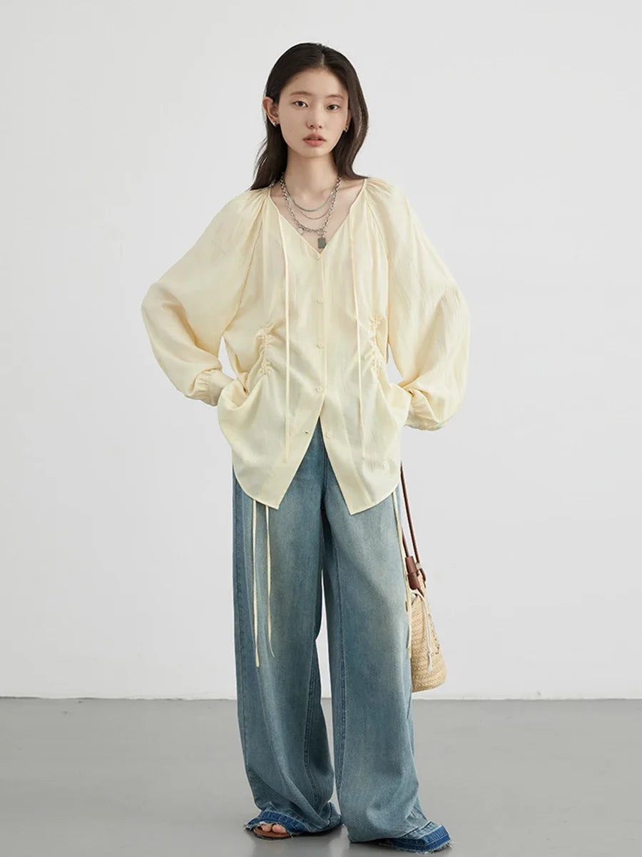 CHIC VEN Women Shirts Korean Loose Soild V-neck Long Sleeved Blouses Fashion Design Soft Lace Up Ladies Tops Summer New 2024