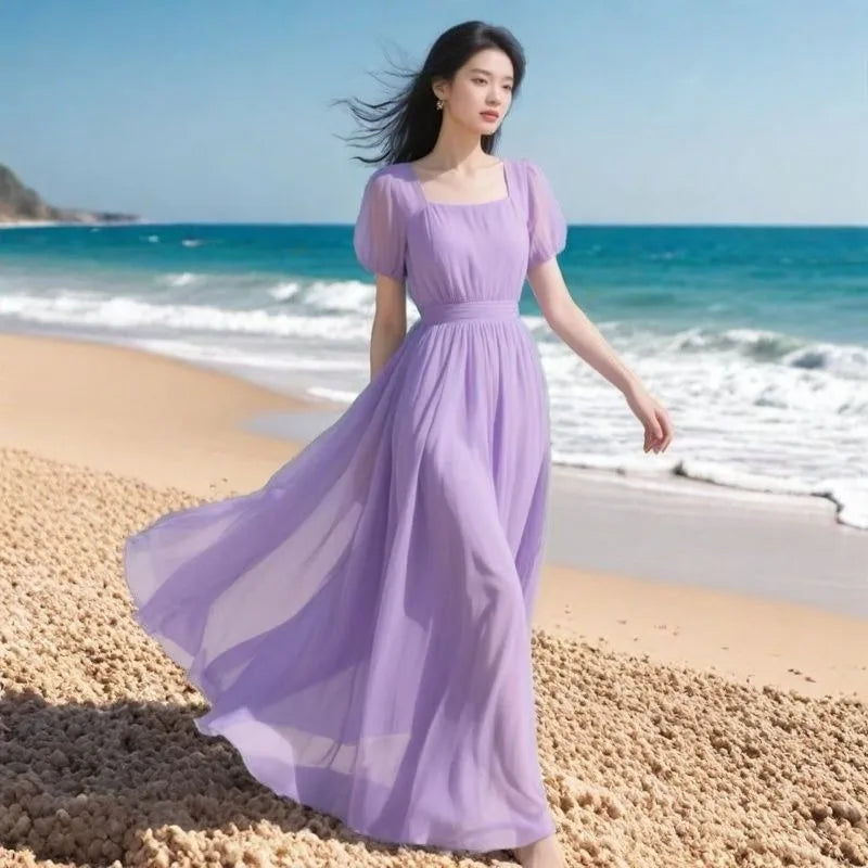 2026 Women Summer Dress New Fashion Bohemian French Chiffon Beach Dresses Ladies Solid Color Long Dress Female Vestidos Clothing
