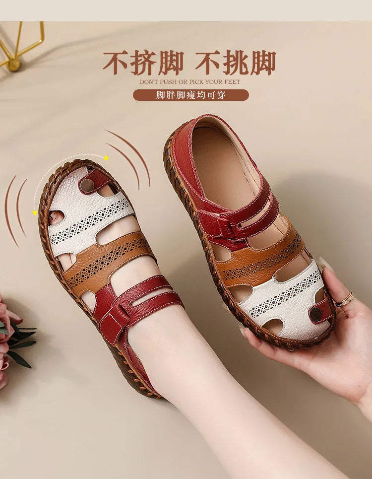 Newest gladiator summer sandals women's big size 43 woman real leather sandals ladies patchwork strap Non-slip flats