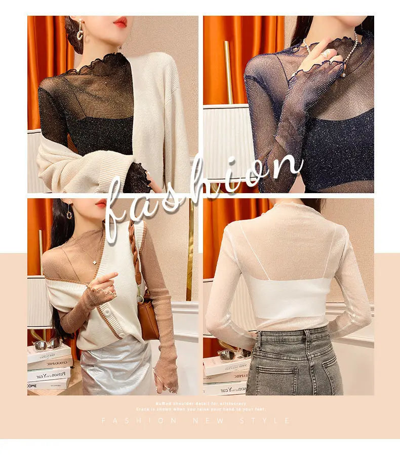 Sexy Women T Shirt See Through Transparent Mesh Tops Long Sleeve Sheer Slim Female Turtleneck Bright Silk T-Shirt Lace Crop Top