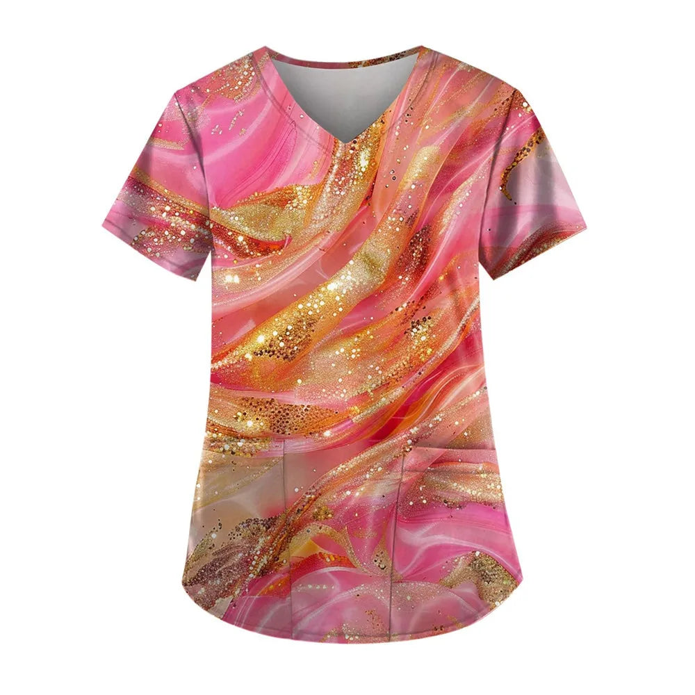 Gradient Printing Nurses Uniforms Women Fashion Short Sleeve V Neck Working Blouse Tops With Pockets Women's Medical Uniform