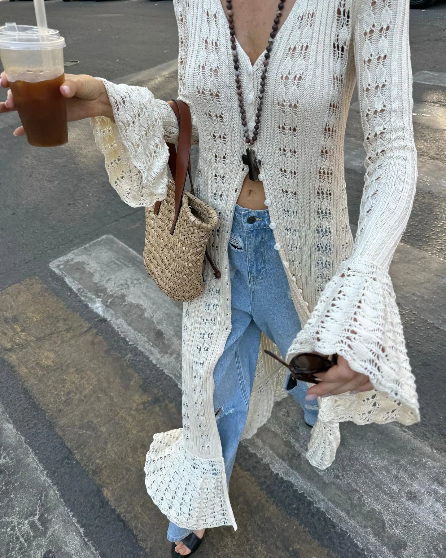 Combhasaki Women Y2K Chic Flare Long Sleeve Aesthetic Button-down V-Neck Ruffle Hem Hollow Out Knitted Long Dress Boho Beachwear