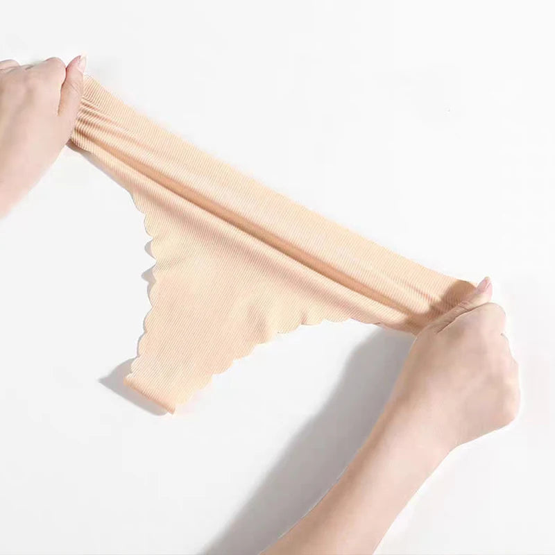 2PCS Seamless Thin-stripe Panties Ladies Low Rise T-back G-string Nude Half-covered Hip Lingerie Solid Cotton Ruffles Sexy Thong