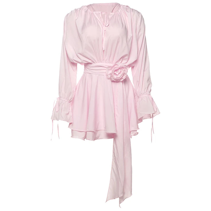 Weird Puss Sweet Style 3D Flower Decoration Dress Women Y2K Flare Sleeve Ruched Ribbon Vacation Fashion Elegant Mini Bodycon