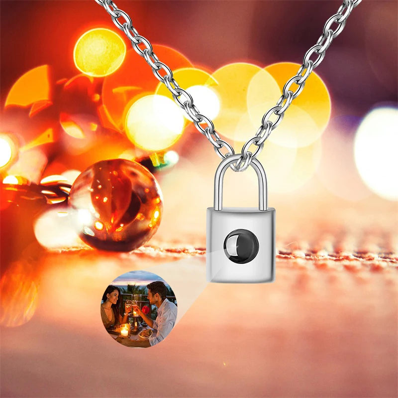 Personalised Love Lock Shape Necklace Custom Photo Projection Necklace Silver Lock Pendant Gift for Girlfriend Women Memory Gift