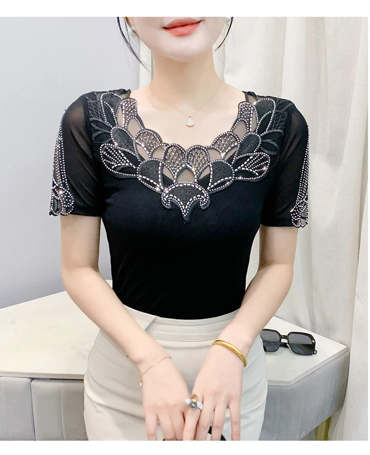 Fashion O-Collar Rhinestone Lace Patchwork Female Top Chic High Elasticity Soft Mesh Short Sleeve Temperament Women's T-Shirt