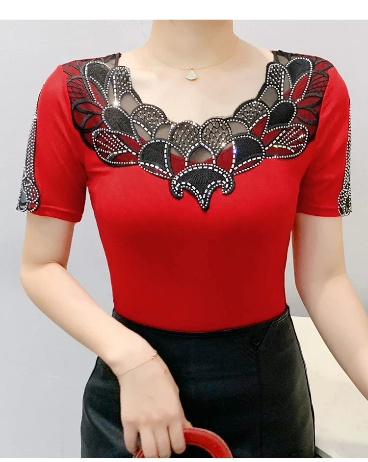 Fashion O-Collar Rhinestone Lace Patchwork Female Top Chic High Elasticity Soft Mesh Short Sleeve Temperament Women's T-Shirt