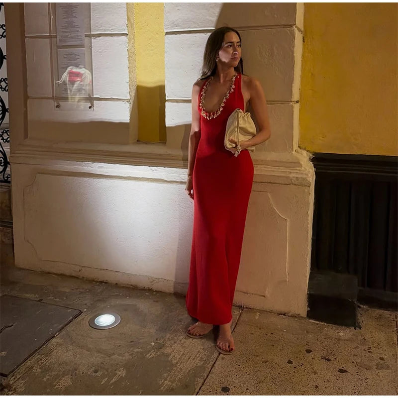Women's Shell Chain Halter Maxi Dress Deep V Neck Sleeveless Backless Bodycon Dresses Casual Vacation Party Beach Fashion Gown