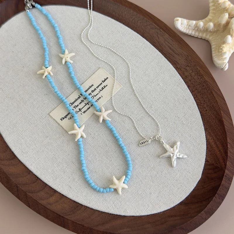 Summer Blue Starfish Necklace Women Double Layer Beaded Chain 45cm Boho Beach Jewelry 2025 New Luxury Layering Gift