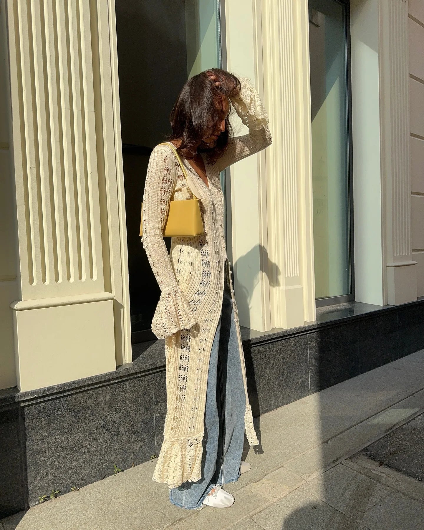 Combhasaki Women Y2K Chic Flare Long Sleeve Aesthetic Button-down V-Neck Ruffle Hem Hollow Out Knitted Long Dress Boho Beachwear