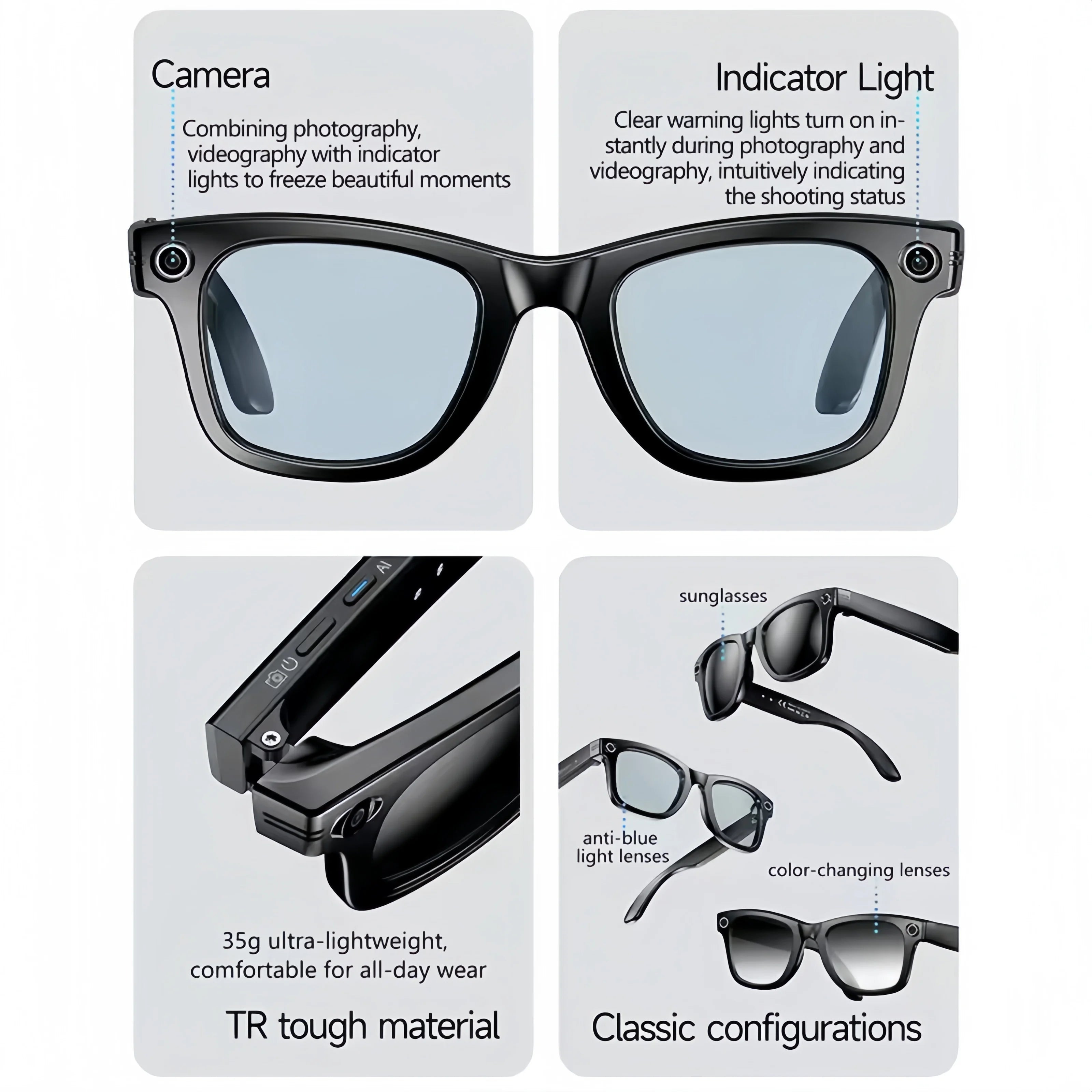 AI Smart Glasses with Camera 4K HD Video and PhotoCapture Real-TimeTranslation Voice Recording Open-Ear Audio Object Recognition