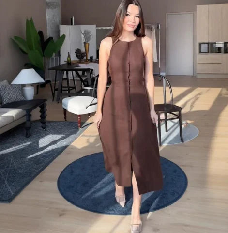 Elegant Hallow Out Long Dress Women Lantern Sleeve Deep V-neck Single Breasted Loose Dresses 2025 Fashion Solid Office Robe Lady