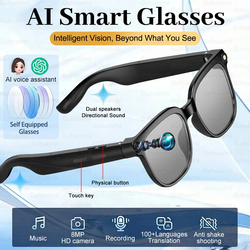 2026New AI Smart Glasses Men Women 800W HD Camera Bluetooth Call 100+Languages Translation Voice Control Music Player Sunglasses
