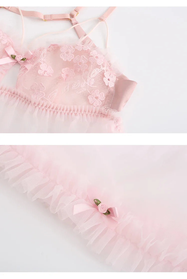 Pink Kawaii Lingerie dress Lolita Nightwear Sexy Lace Tulle Sweet Pink Sling Night Private Room Underwear Women Night Gowns 2024