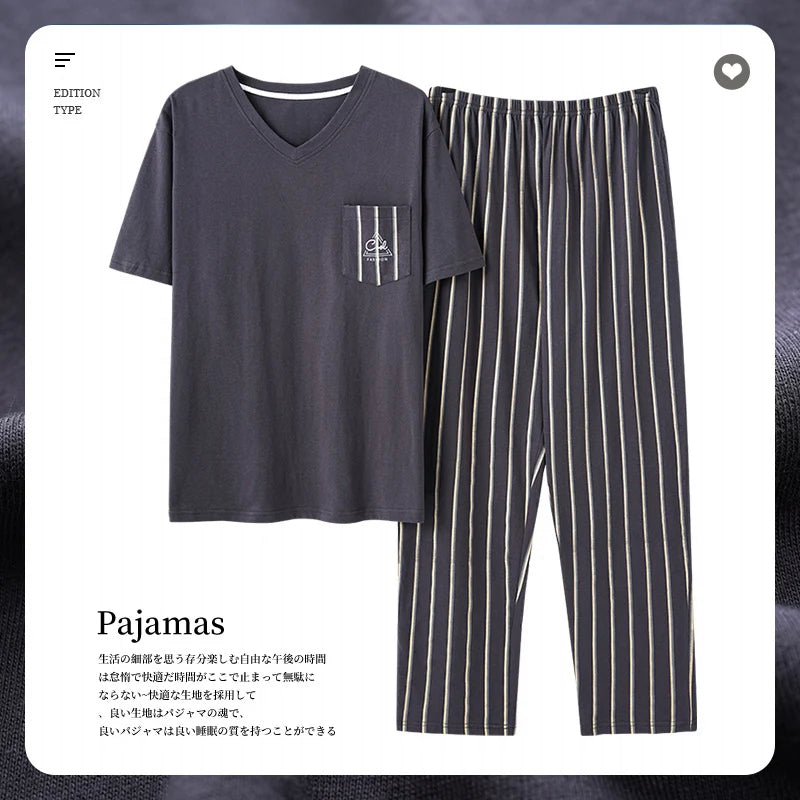 L-5XL Summer Elegant Men Pyjamas Knited Cotton Pajamas Set Long Pant Sleepwear Pyjamas Night Suits Pijamas Plus Size Homewear PJ